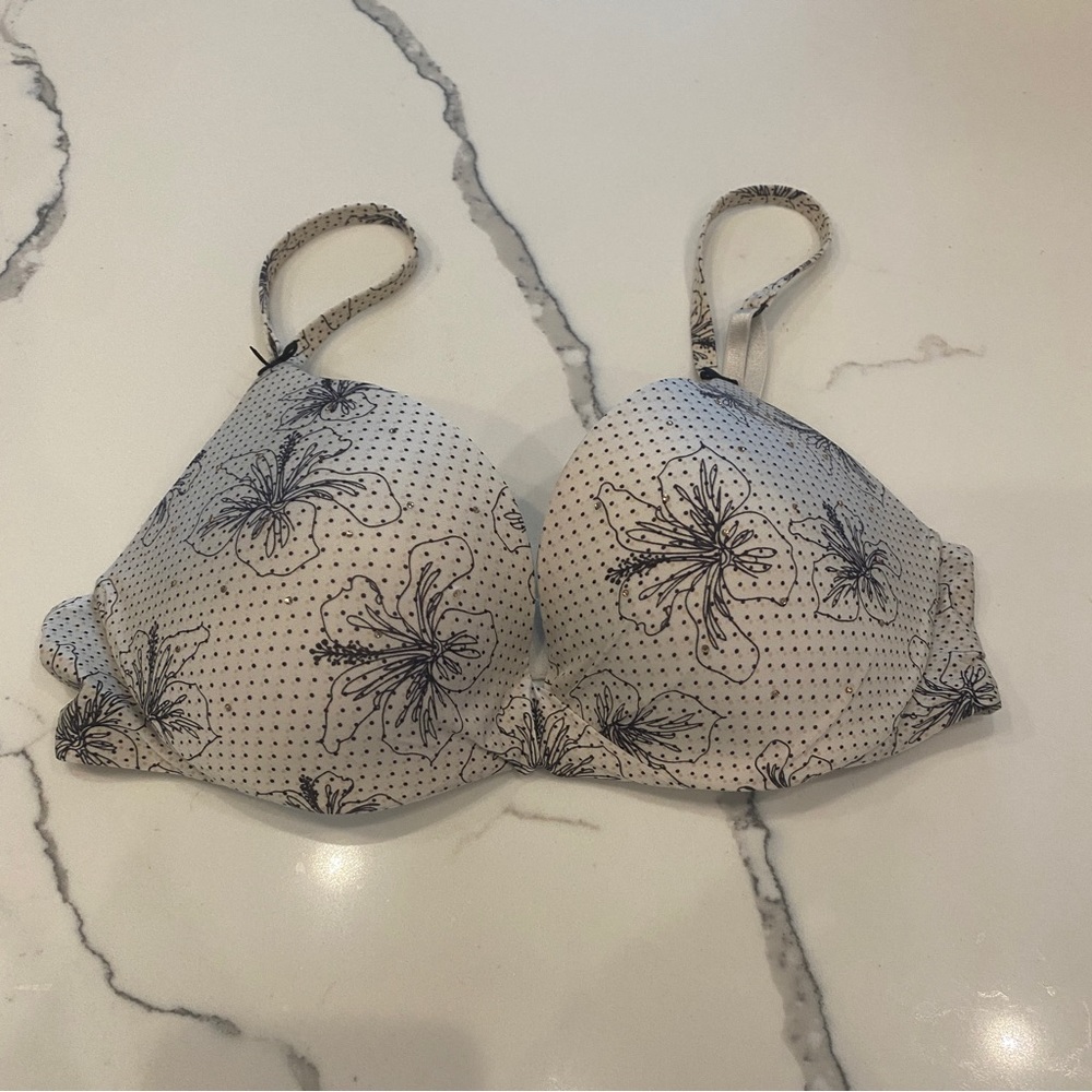 Victoria’s Secret VS Push-up Plunge Bra Hibiscus Flower Rhinestone Size 32B